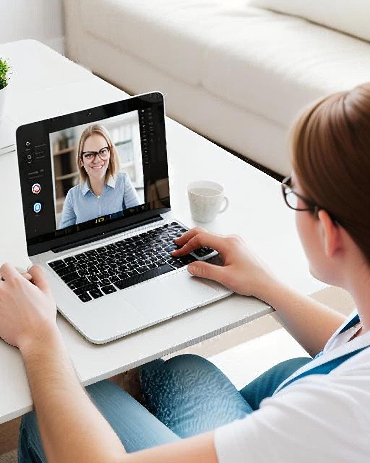 Person sitting comfortably at home with laptop, preparing for a first online therapy session in Washington State