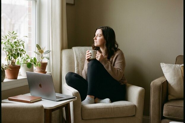 A woman looking thoughtfully out a window representing an adult experiencing depression or seeking online therapy and support in Washington state